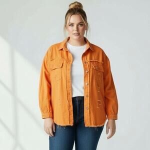 Bellezza Republic Womens Distressed Jacket Orange Raw Hem Button Front Shacket